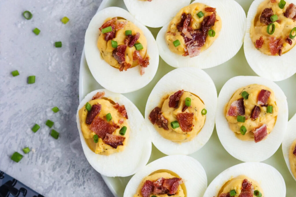 Bacon Ranch Deviled Eggs. Easy Appetizer Idea, Jones Dairy Farm Dry Aged Bacon