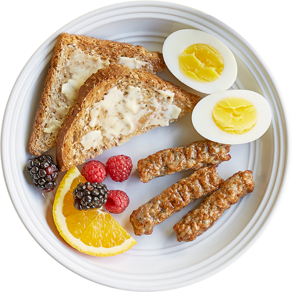 Sausage, toast, eggs plate