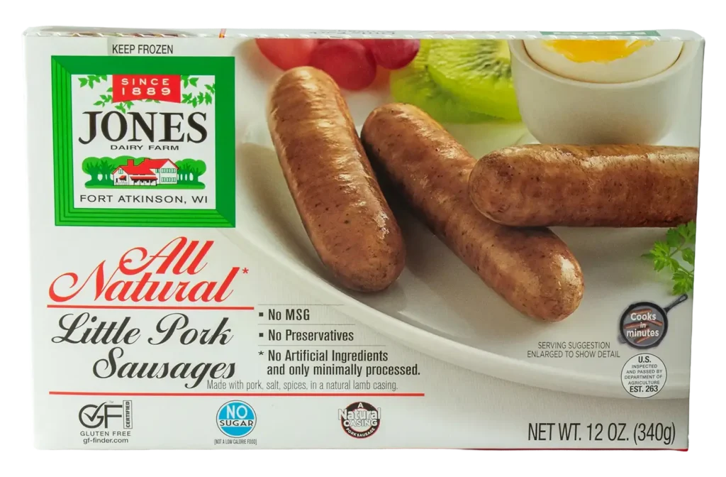 Jones Dairy Farm All Natural Little Pork Sausage Links, 12 oz. Jones Dairy Farm All Natural Little Pork Sausage Links, 12 oz. frozen box, natural lamb casing, no sugar, no MSG, no preservatives, Certified Gluten-Free