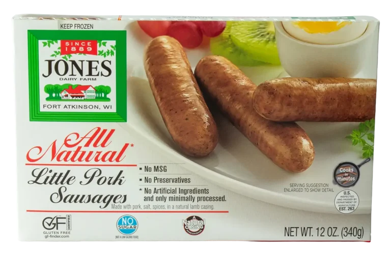 Jones Dairy Farm All Natural Little Pork Sausage Links, 12 oz. Jones Dairy Farm All Natural Little Pork Sausage Links, 12 oz. frozen box, natural lamb casing, no sugar, no MSG, no preservatives, Certified Gluten-Free
