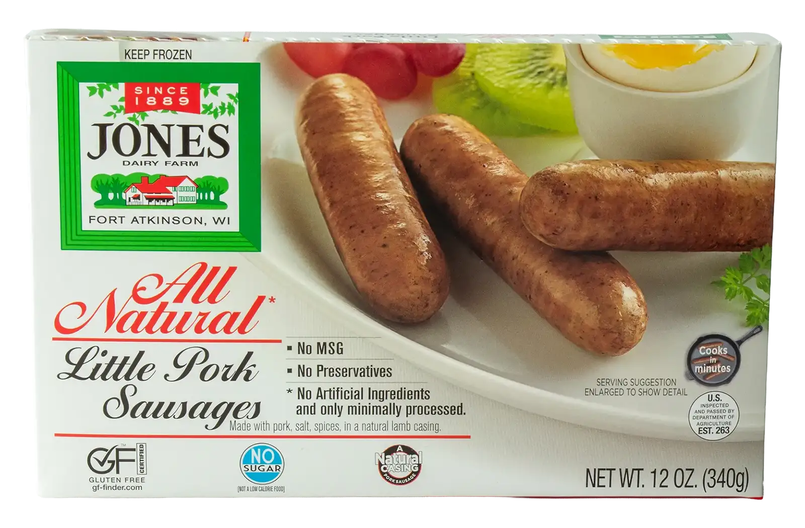 Jones Dairy Farm All Natural Little Pork Sausage Links, 12 oz. Jones Dairy Farm All Natural Little Pork Sausage Links, 12 oz. frozen box, natural lamb casing, no sugar, no MSG, no preservatives, Certified Gluten-Free