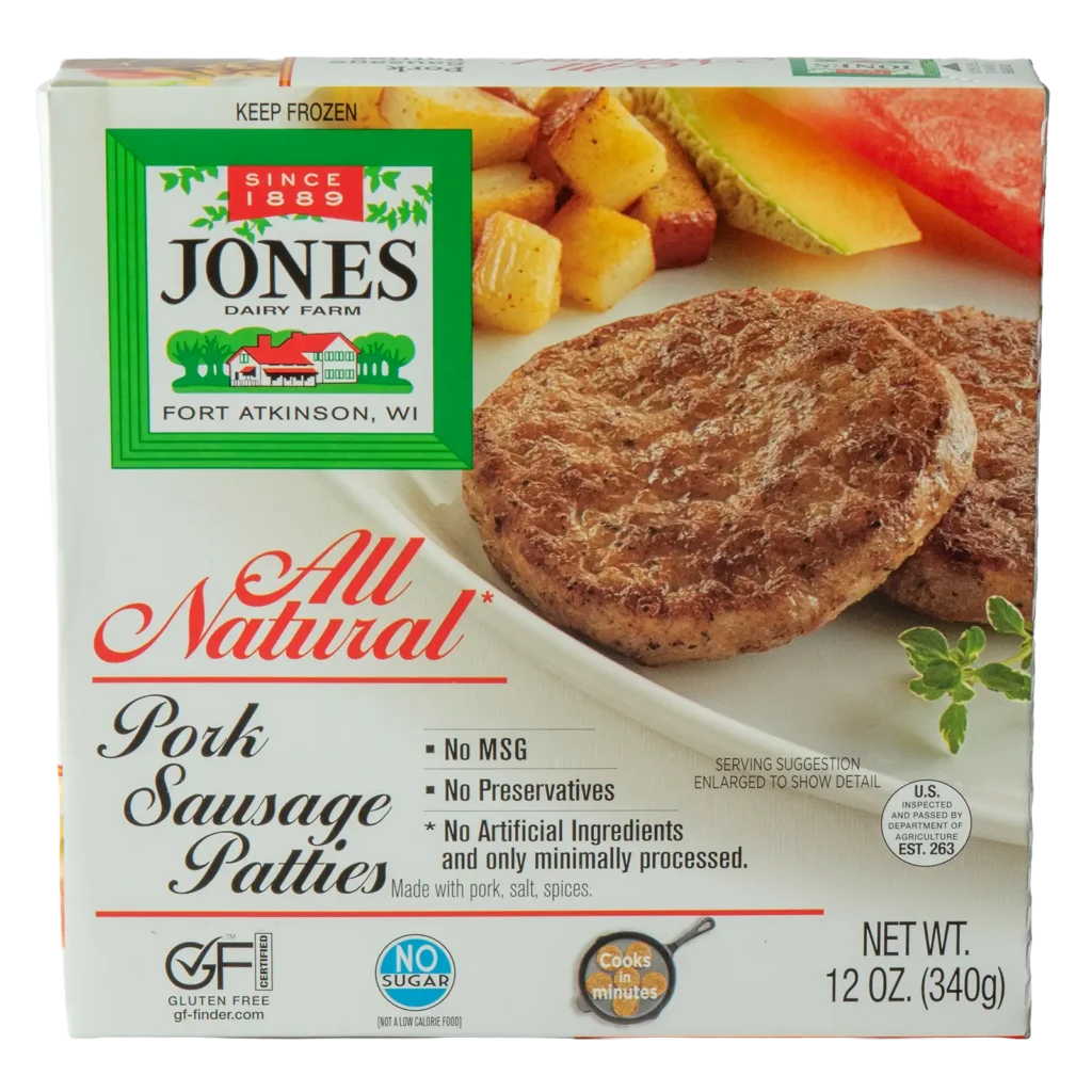 Jones Dairy Farm All Natural Pork Sausage Patties, 12 oz. frozen box, made with pork, salt, and spices, no sugar, no MSG, no preservatives, Certified Gluten-Free