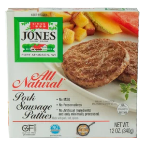 Jones Dairy Farm All Natural Pork Sausage Patties, 12 oz. frozen box, made with pork, salt, and spices, no sugar, no MSG, no preservatives, Certified Gluten-Free