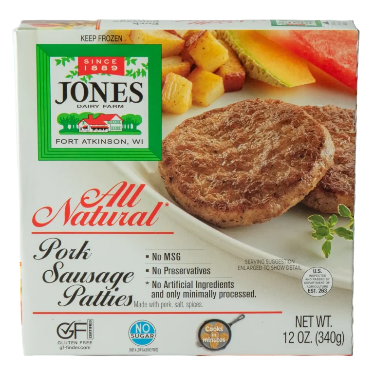 Jones Dairy Farm All Natural Pork Sausage Patties, 12 oz. frozen box, made with pork, salt, and spices, no sugar, no MSG, no preservatives, Certified Gluten-Free