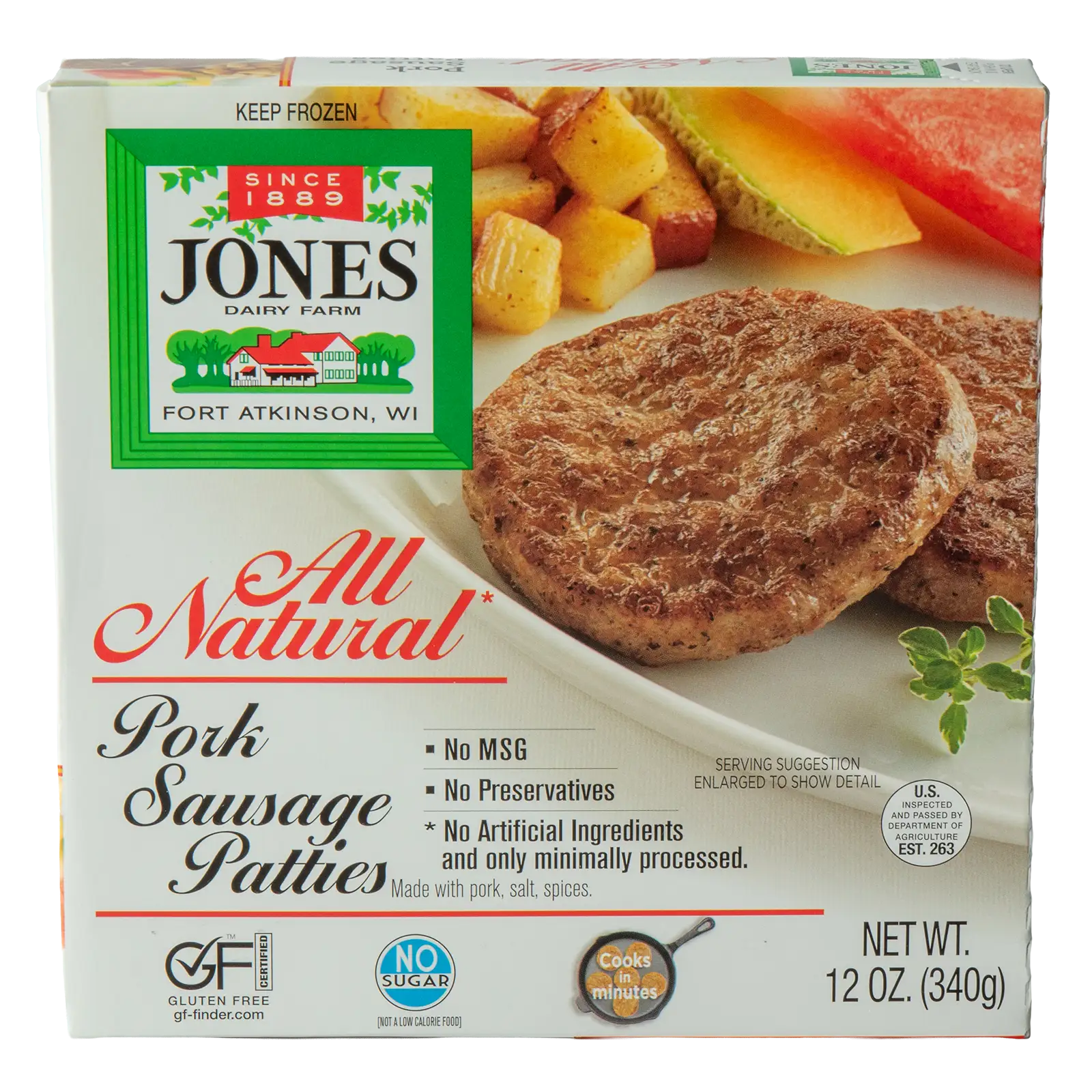 Jones Dairy Farm All Natural Pork Sausage Patties, 12 oz. frozen box, made with pork, salt, and spices, no sugar, no MSG, no preservatives, Certified Gluten-Free