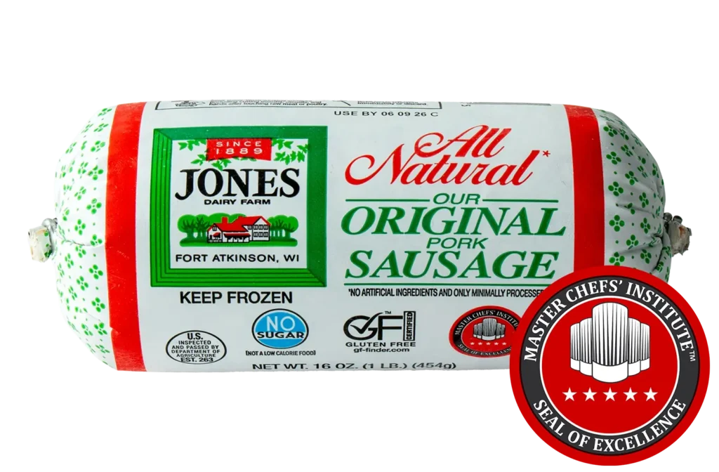Jones Dairy Farm All Natural Original Pork Sausage Roll, 16 oz. (1 lb.) frozen chub, no sugar, Certified Gluten-Free, Master Chefs' Institute Seal of Excellence