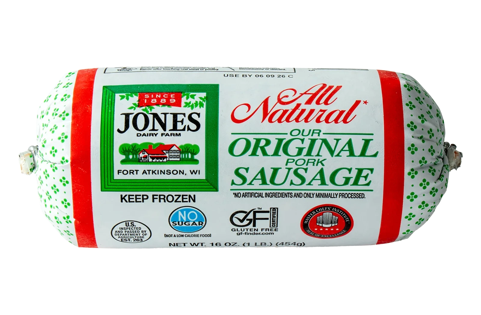 Jones Dairy Farm All Natural Original Pork Sausage Roll, 16 oz. (1 lb.) frozen chub, no sugar, Certified Gluten-Free, Master Chefs' Institute Seal of Excellence