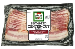 Jones Dairy Farm Cherrywood Smoked Dry-Aged Center-Cut Bacon, 12 oz. Jones Dairy Farm Cherrywood Smoked Dry-Aged Center-Cut Bacon, 12 oz. package, Certified Gluten-Free