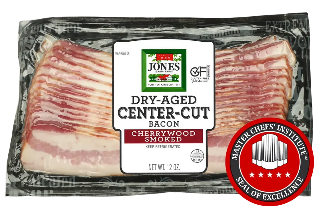 Jones Dairy Farm Cherrywood Smoked Dry-Aged Center-Cut Bacon, 12 oz. Jones Dairy Farm Cherrywood Smoked Dry-Aged Center-Cut Bacon, 12 oz. package, Certified Gluten-Free, MCI Master Chefs' Institute Seal of Excellence