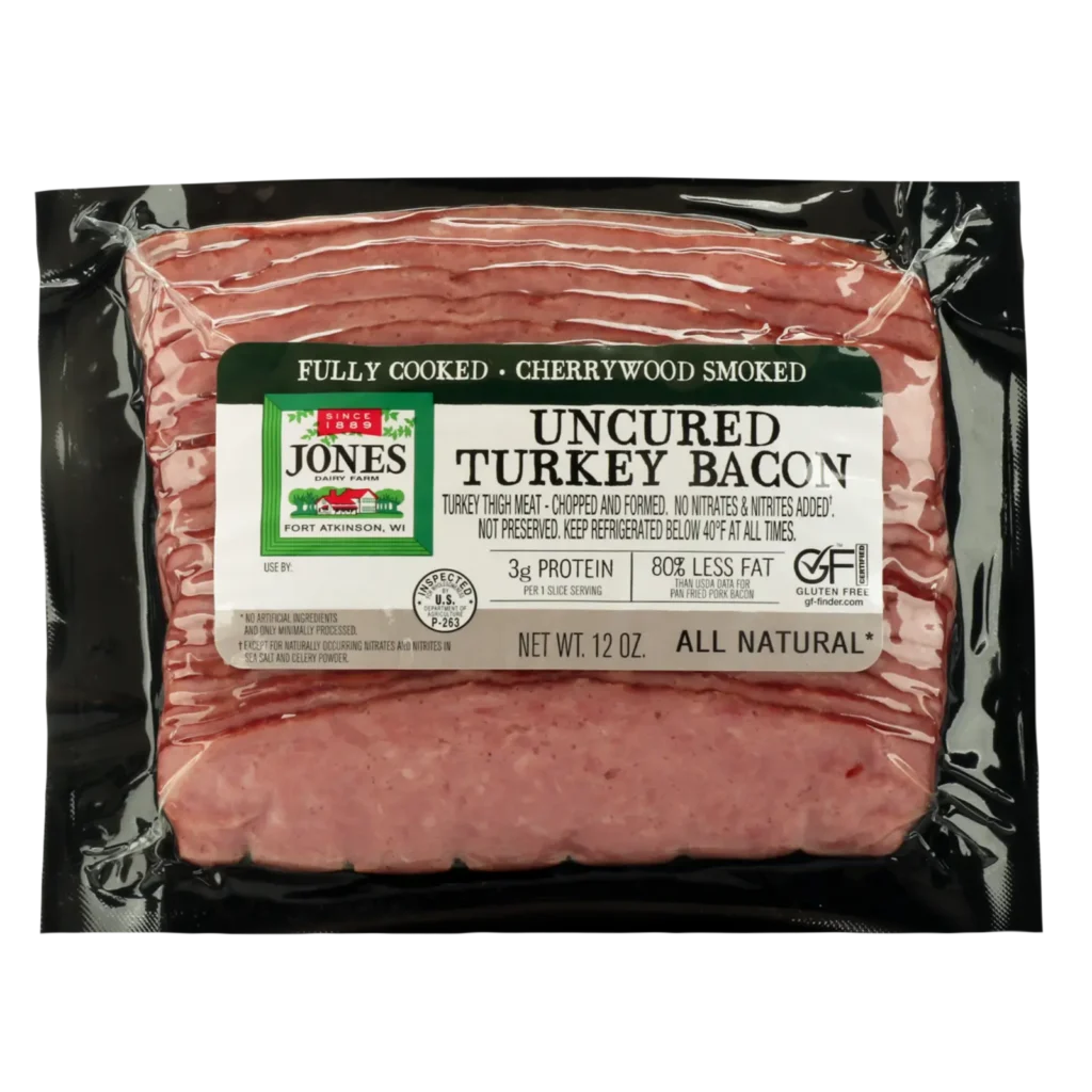 Jones Dairy Farm All Natural Fully Cooked Cherrywood Smoked Uncured Turkey Bacon, 12 oz. package, 80% less fat, no nitrates or nitrites added, Certified Gluten-Free