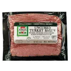 Jones Dairy Farm All Natural Fully Cooked Cherrywood Smoked Uncured Turkey Bacon, 12 oz. package, 80% less fat, no nitrates or nitrites added, Certified Gluten-Free