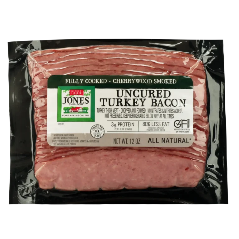 Jones Dairy Farm All Natural Fully Cooked Cherrywood Smoked Uncured Turkey Bacon, 12 oz. package, 80% less fat, no nitrates or nitrites added, Certified Gluten-Free