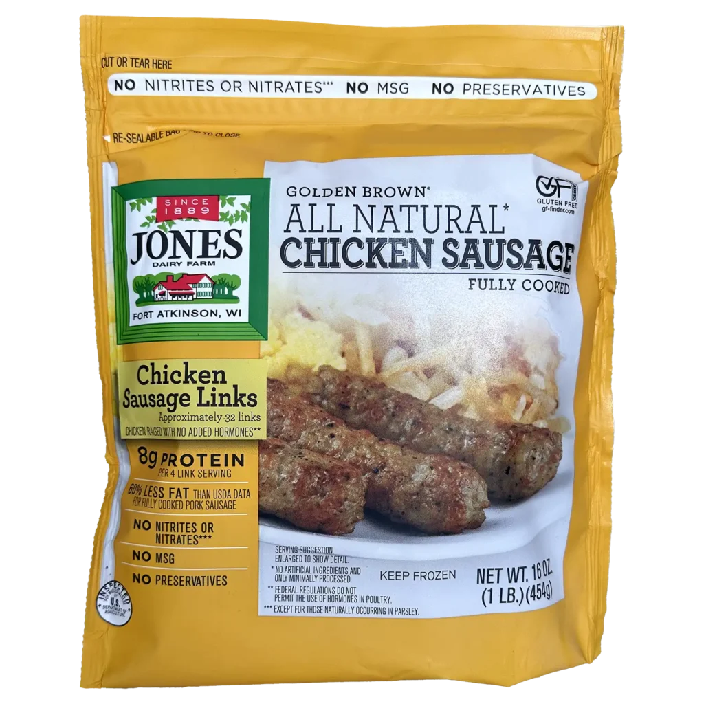 Jones Dairy Farm Golden Brown All Natural Chicken Sausage Links, fully cooked, 16 oz resealable bag with approximately 32 chicken sausage links. Gluten Free certified.