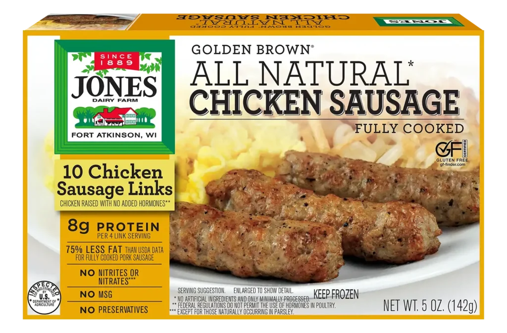 Jones Dairy Farm Golden Brown All Natural Chicken Sausage Links, fully cooked, 5 oz box with 10 chicken sausage links. Gluten Free certified.