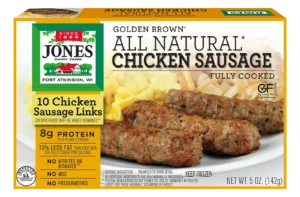 Jones Dairy Farm Golden Brown All Natural Chicken Sausage Links, fully cooked, 5 oz box with 10 chicken sausage links. Gluten Free certified.