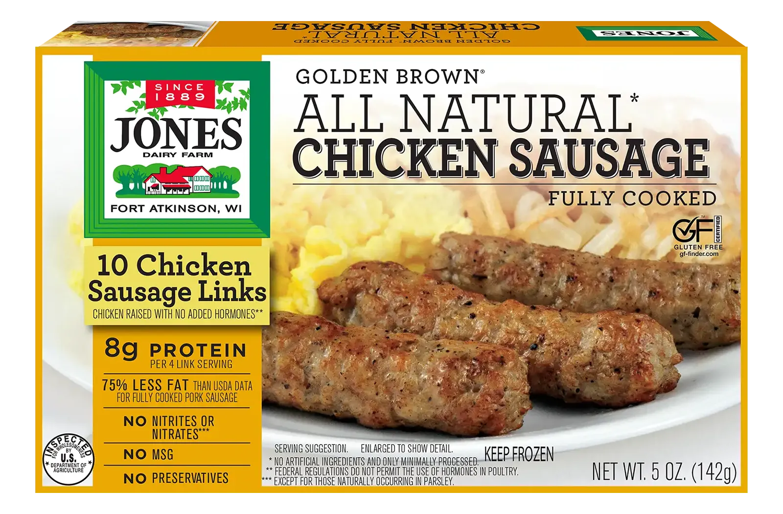 Jones Dairy Farm Golden Brown All Natural Chicken Sausage Links, fully cooked, 5 oz box with 10 chicken sausage links. Gluten Free certified.