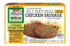 Jones Dairy Farm Golden Brown All Natural Chicken Sausage Patties, fully cooked, 5 oz box with 4 chicken sausage patties. Gluten Free certified.