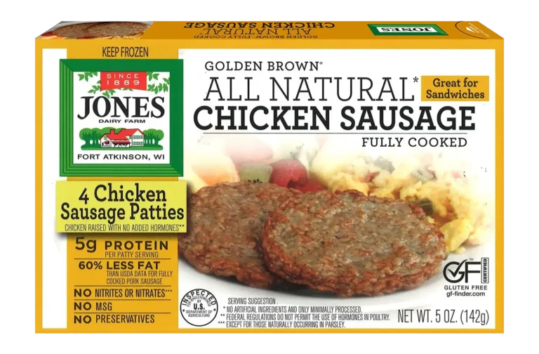 Jones Dairy Farm Golden Brown All Natural Chicken Sausage Patties, fully cooked, 5 oz box with 4 chicken sausage patties. Gluten Free certified.