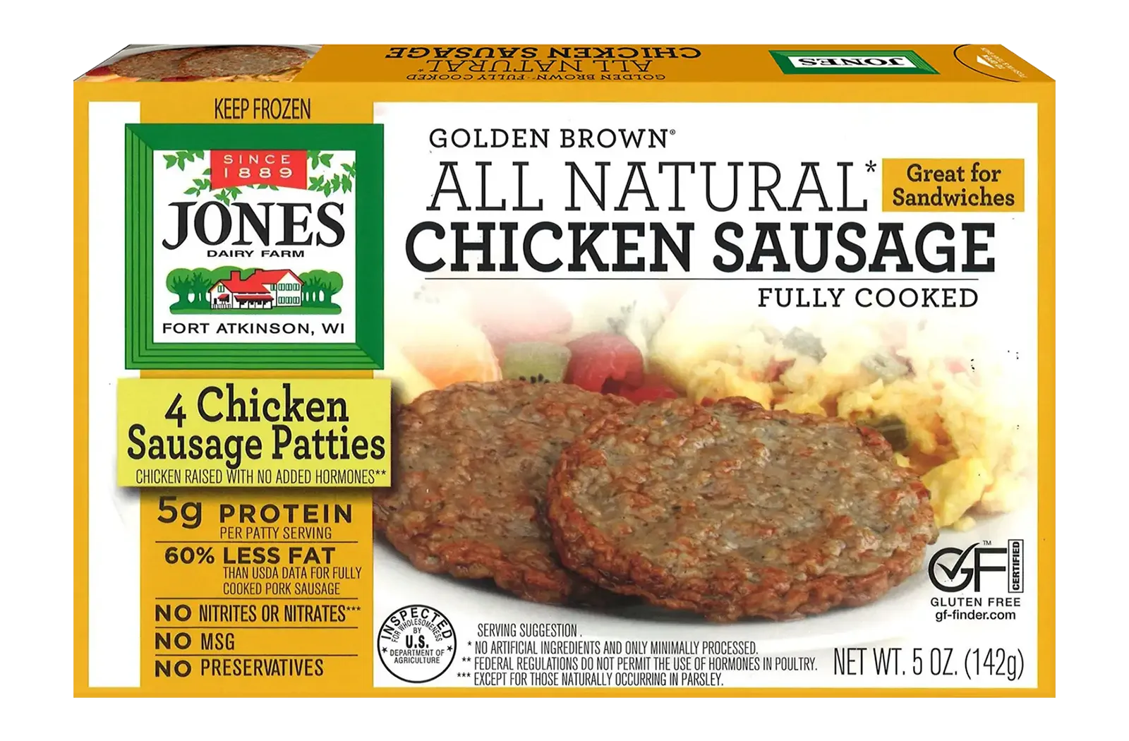 Jones Dairy Farm Golden Brown All Natural Chicken Sausage Patties, fully cooked, 5 oz box with 4 chicken sausage patties. Gluten Free certified.