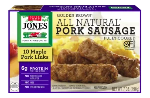 Jones Dairy Farm Golden Brown All Natural Maple Pork Sausage Links, fully cooked, 7 oz box with 10 maple pork links. Gluten Free certified.