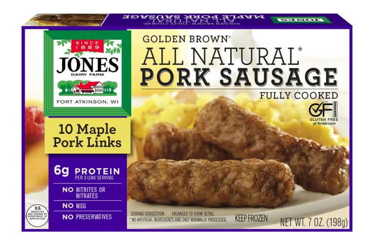 Jones Dairy Farm Golden Brown All Natural Maple Pork Sausage Links, fully cooked, 7 oz box with 10 maple pork links. Gluten Free certified.