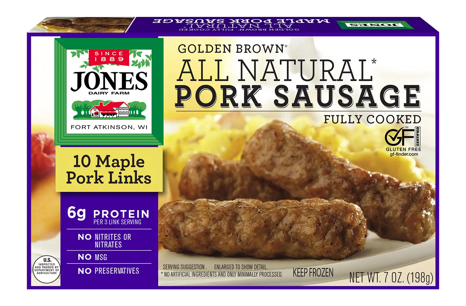 Jones Dairy Farm Golden Brown All Natural Maple Pork Sausage Links, fully cooked, 7 oz box with 10 maple pork links. Gluten Free certified.