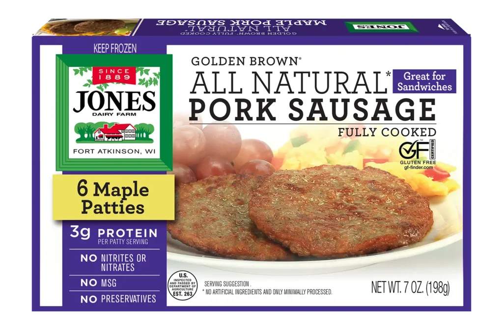 Jones Dairy Farm Golden Brown All Natural Maple Pork Sausage Patties, fully cooked, 7 oz box with 6 patties. Gluten Free certified.