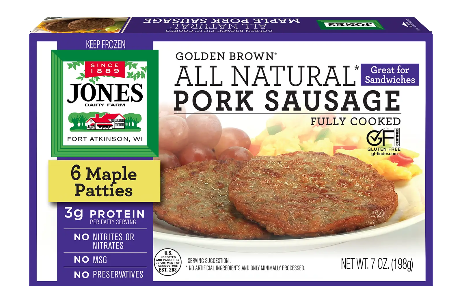Jones Dairy Farm Golden Brown All Natural Maple Pork Sausage Patties, fully cooked, 7 oz box with 6 patties. Gluten Free certified.