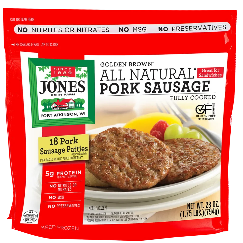Jones Dairy Farm Golden Brown All Natural Pork Sausage Patties, fully cooked, 28 oz resealable bag with approximately 18 pork sausage patties. Gluten Free certified.