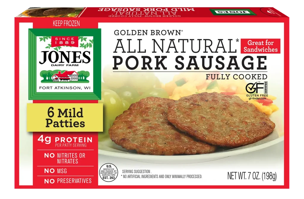 Jones Dairy Farm Golden Brown All Natural Pork Sausage Patties, fully cooked, 7 oz box with 6 pork sausage patties. Gluten Free certified.