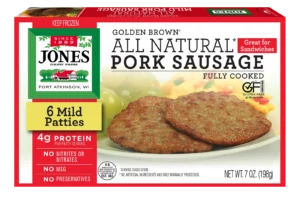 Jones Dairy Farm Golden Brown All Natural Pork Sausage Patties, fully cooked, 7 oz box with 6 pork sausage patties. Gluten Free certified.