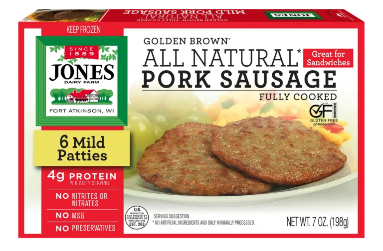 Jones Dairy Farm Golden Brown All Natural Pork Sausage Patties, fully cooked, 7 oz box with 6 pork sausage patties. Gluten Free certified.