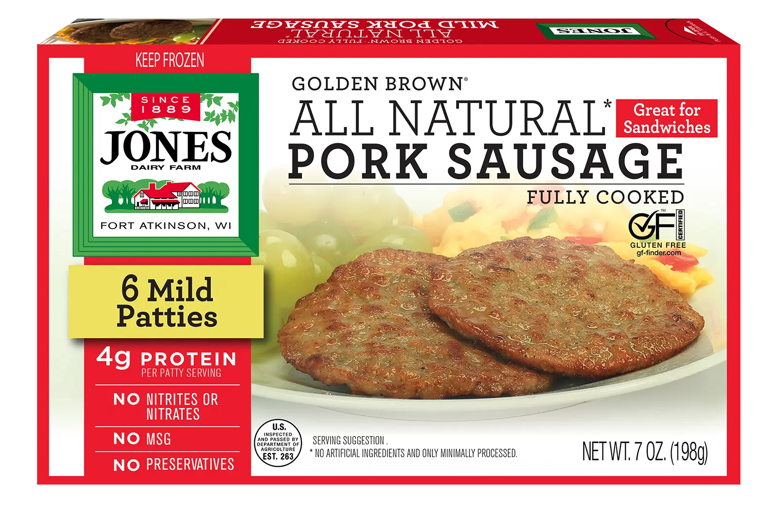 Jones Dairy Farm Golden Brown All Natural Pork Sausage Patties, fully cooked, 7 oz box with 6 pork sausage patties. Gluten Free certified.