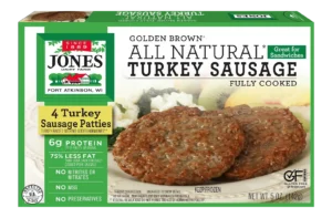 Jones Dairy Farm Golden Brown All Natural Turkey Sausage Patties, fully cooked, 5 oz box with 4 turkey sausage patties. Gluten Free certified.
