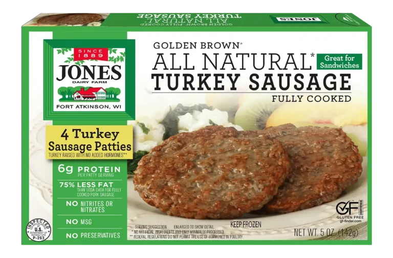 Jones Dairy Farm Golden Brown All Natural Turkey Sausage Patties, fully cooked, 5 oz box with 4 turkey sausage patties. Gluten Free certified.