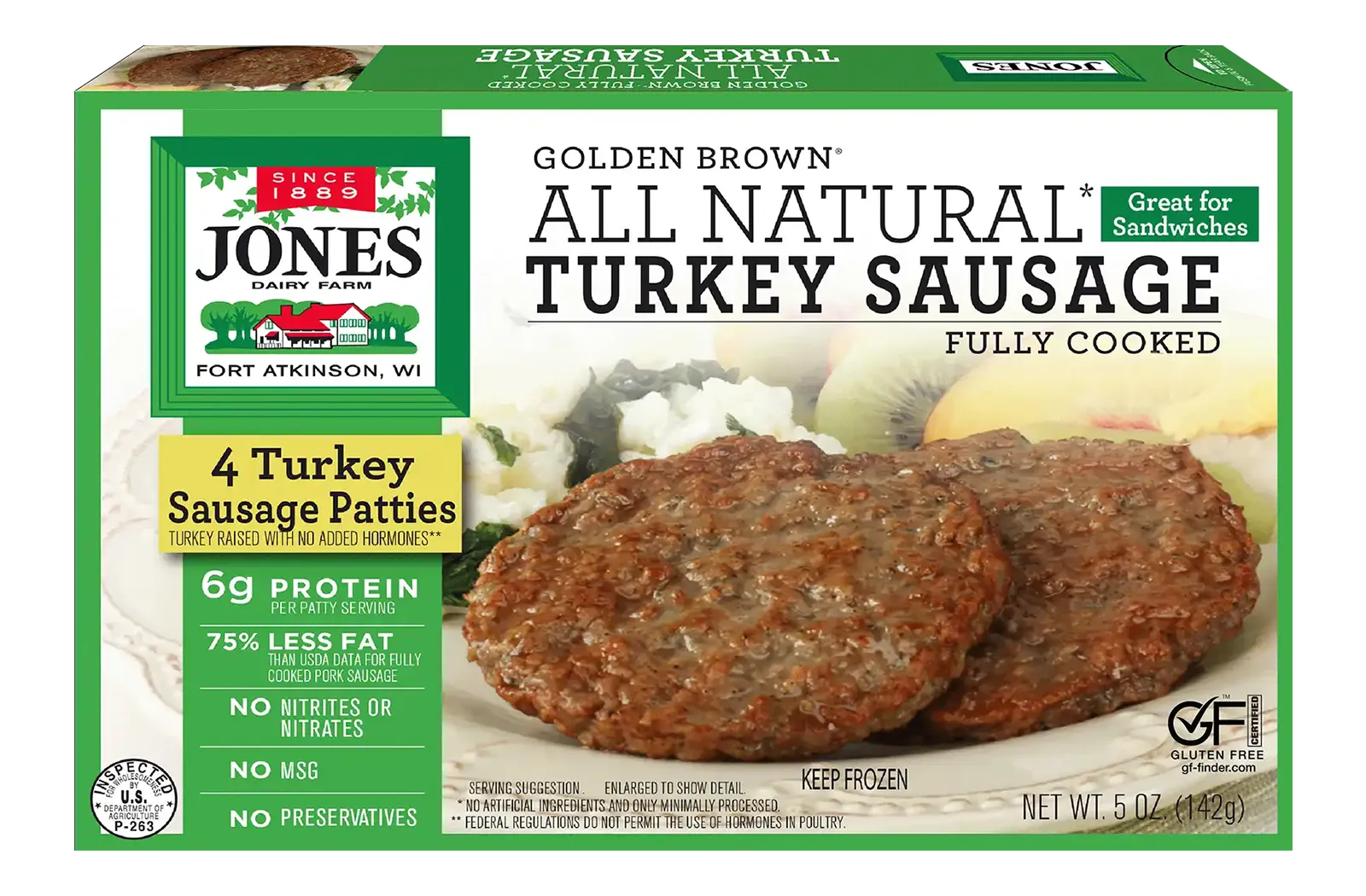Jones Dairy Farm Golden Brown All Natural Turkey Sausage Patties, fully cooked, 5 oz box with 4 turkey sausage patties. Gluten Free certified.