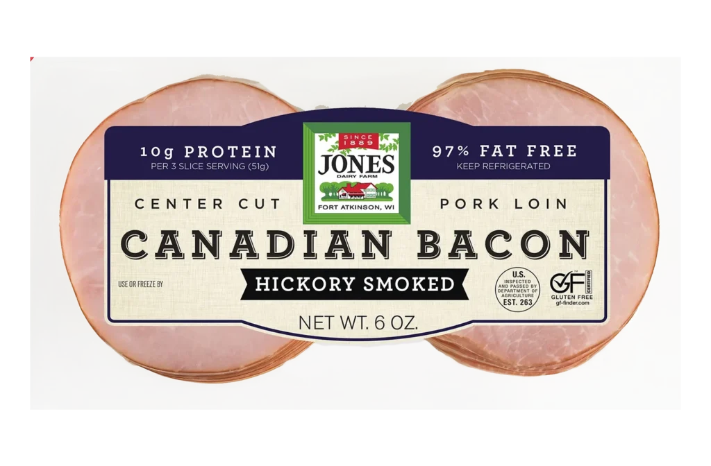 Jones Dairy Farm Hickory Smoked Center Cut Pork Loin Canadian Bacon, 6 oz. package, 97% fat free, 10g protein per serving, Certified Gluten-Free