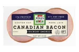 Jones Dairy Farm Hickory Smoked Center Cut Pork Loin Canadian Bacon, 6 oz. package, 97% fat free, 10g protein per serving, Certified Gluten-Free