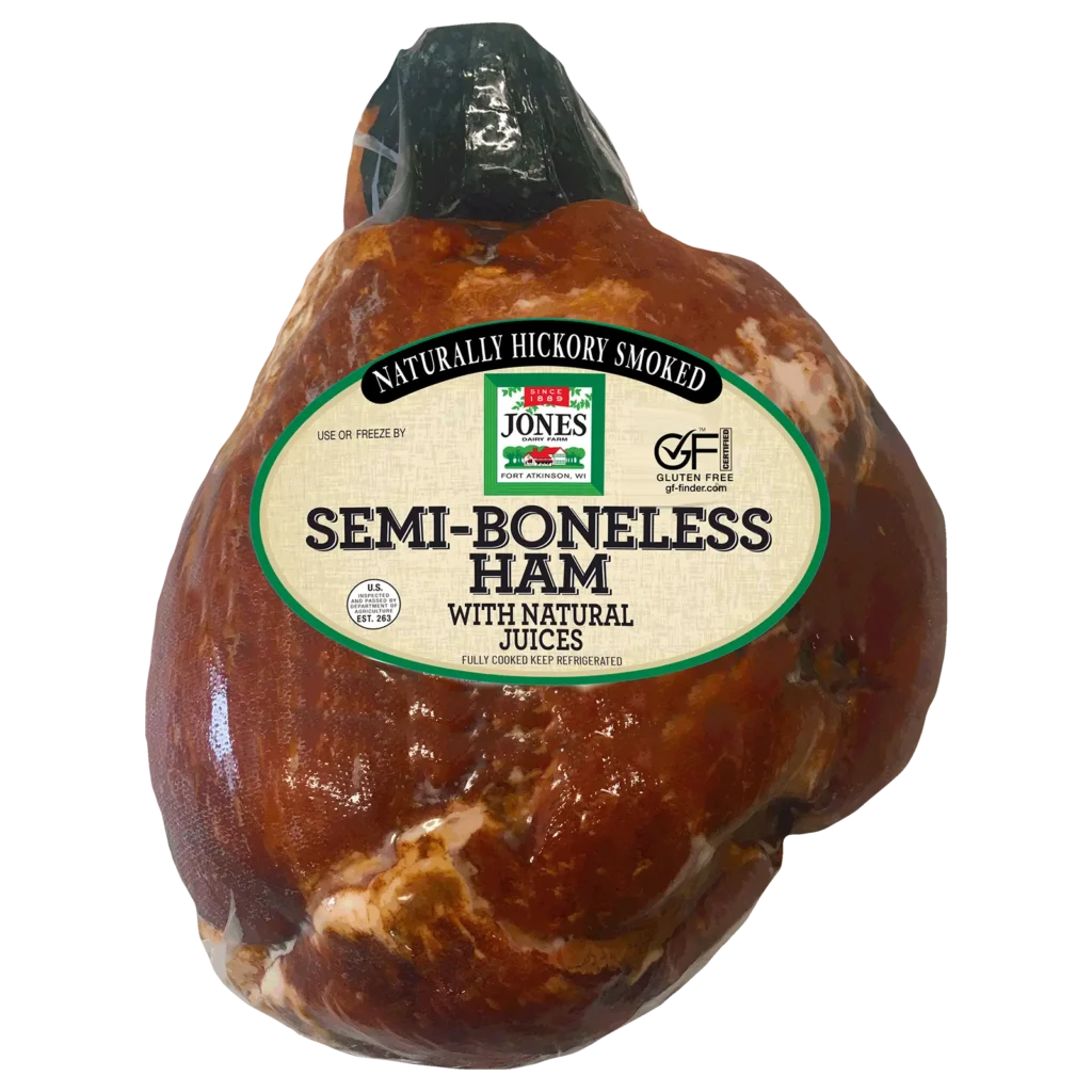 3:24 PMClaude responded: Jones Dairy Farm Naturally Hickory Smoked Semi-Boneless Ham with natural juices, fully cooked, showing the whole ham's deep mahogany exteriorJones Dairy Farm Naturally Hickory Smoked Semi-Boneless Ham with natural juices, fully cooked, showing the whole ham's deep mahogany exterior.