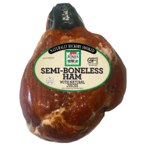 3:24 PMClaude responded: Jones Dairy Farm Naturally Hickory Smoked Semi-Boneless Ham with natural juices, fully cooked, showing the whole ham's deep mahogany exteriorJones Dairy Farm Naturally Hickory Smoked Semi-Boneless Ham with natural juices, fully cooked, showing the whole ham's deep mahogany exterior.