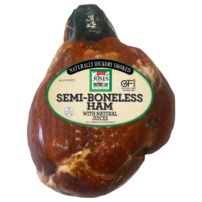3:24 PMClaude responded: Jones Dairy Farm Naturally Hickory Smoked Semi-Boneless Ham with natural juices, fully cooked, showing the whole ham's deep mahogany exteriorJones Dairy Farm Naturally Hickory Smoked Semi-Boneless Ham with natural juices, fully cooked, showing the whole ham's deep mahogany exterior.