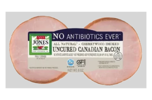 Jones Dairy Farm All Natural Cherrywood Smoked Uncured Canadian Bacon, 6 oz. package, No Antibiotics Ever, no sugar, no nitrates or nitrites added, fully cooked, Certified Gluten-Free
