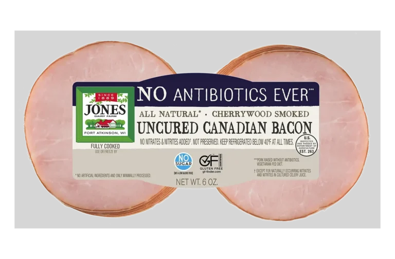 Jones Dairy Farm All Natural Cherrywood Smoked Uncured Canadian Bacon, 6 oz. package, No Antibiotics Ever, no sugar, no nitrates or nitrites added, fully cooked, Certified Gluten-Free