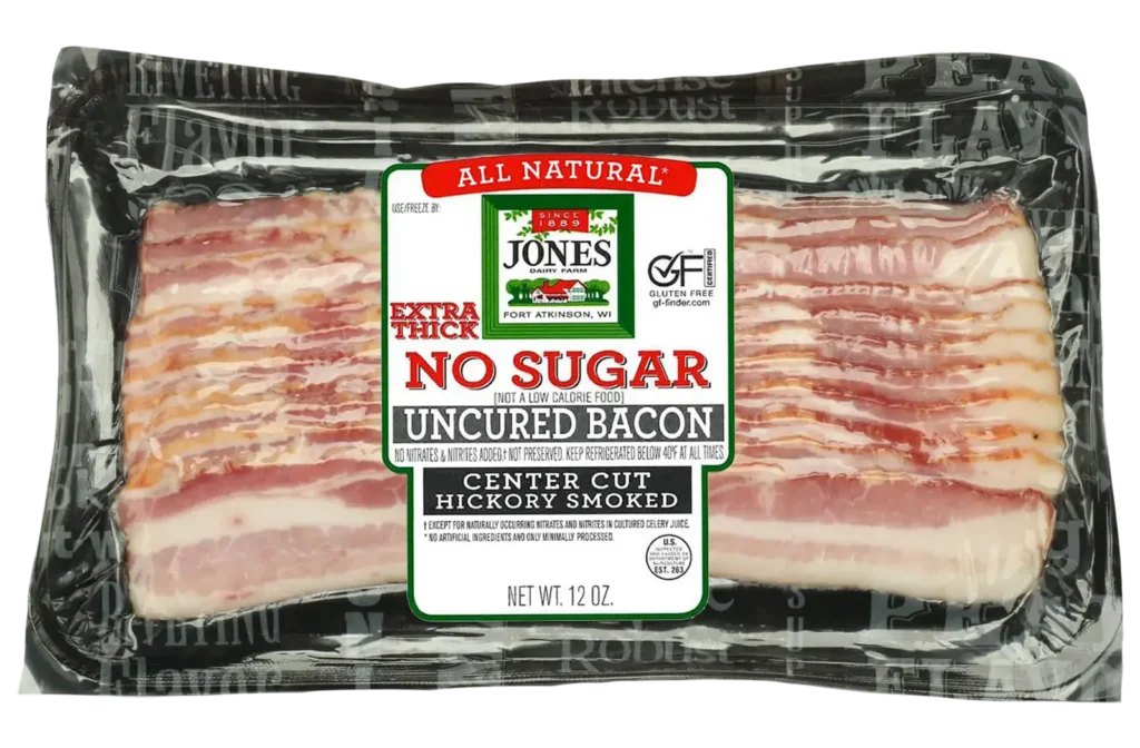 Jones Dairy Farm All Natural Hickory Smoked Extra Thick No Sugar Uncured Center-Cut Bacon, 12 oz. package, no nitrates or nitrites added, Certified Gluten-Free