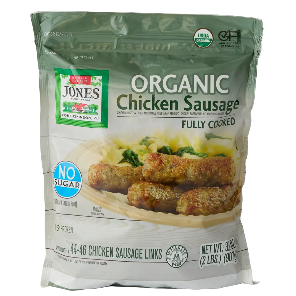 alt text, include that it's a costco bag4:57 PMClaude responded: Jones Dairy Farm Organic Chicken Sausage Links, 32 oz.Jones Dairy Farm Organic Chicken Sausage Links, 32 oz. Costco resealable bag (2 lbs., approximately 44-46 links), fully cooked, USDA Organic, no sugar, no antibiotics, vegetarian fed, Certified Gluten-Free