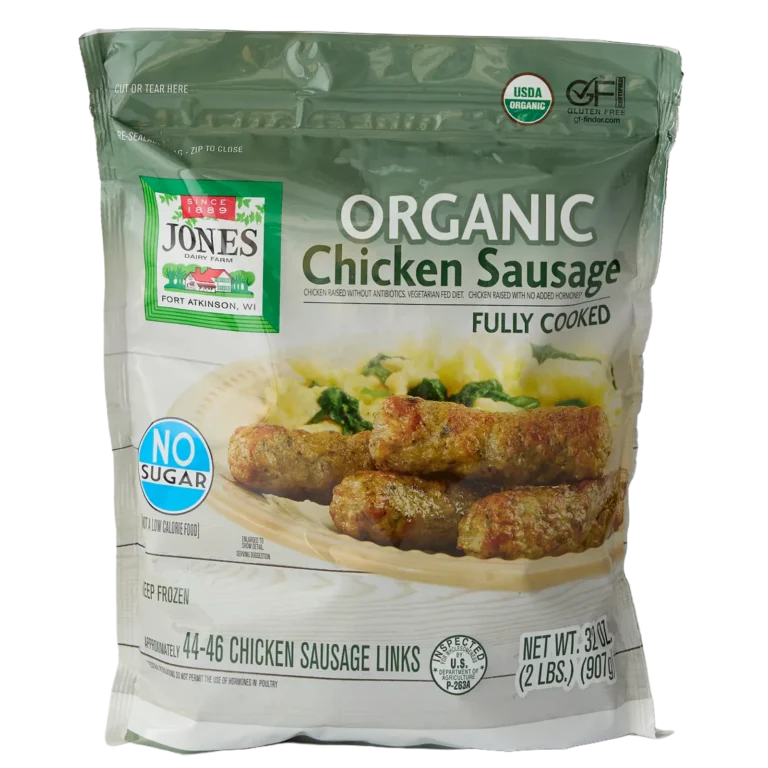alt text, include that it's a costco bag4:57 PMClaude responded: Jones Dairy Farm Organic Chicken Sausage Links, 32 oz.Jones Dairy Farm Organic Chicken Sausage Links, 32 oz. Costco resealable bag (2 lbs., approximately 44-46 links), fully cooked, USDA Organic, no sugar, no antibiotics, vegetarian fed, Certified Gluten-Free