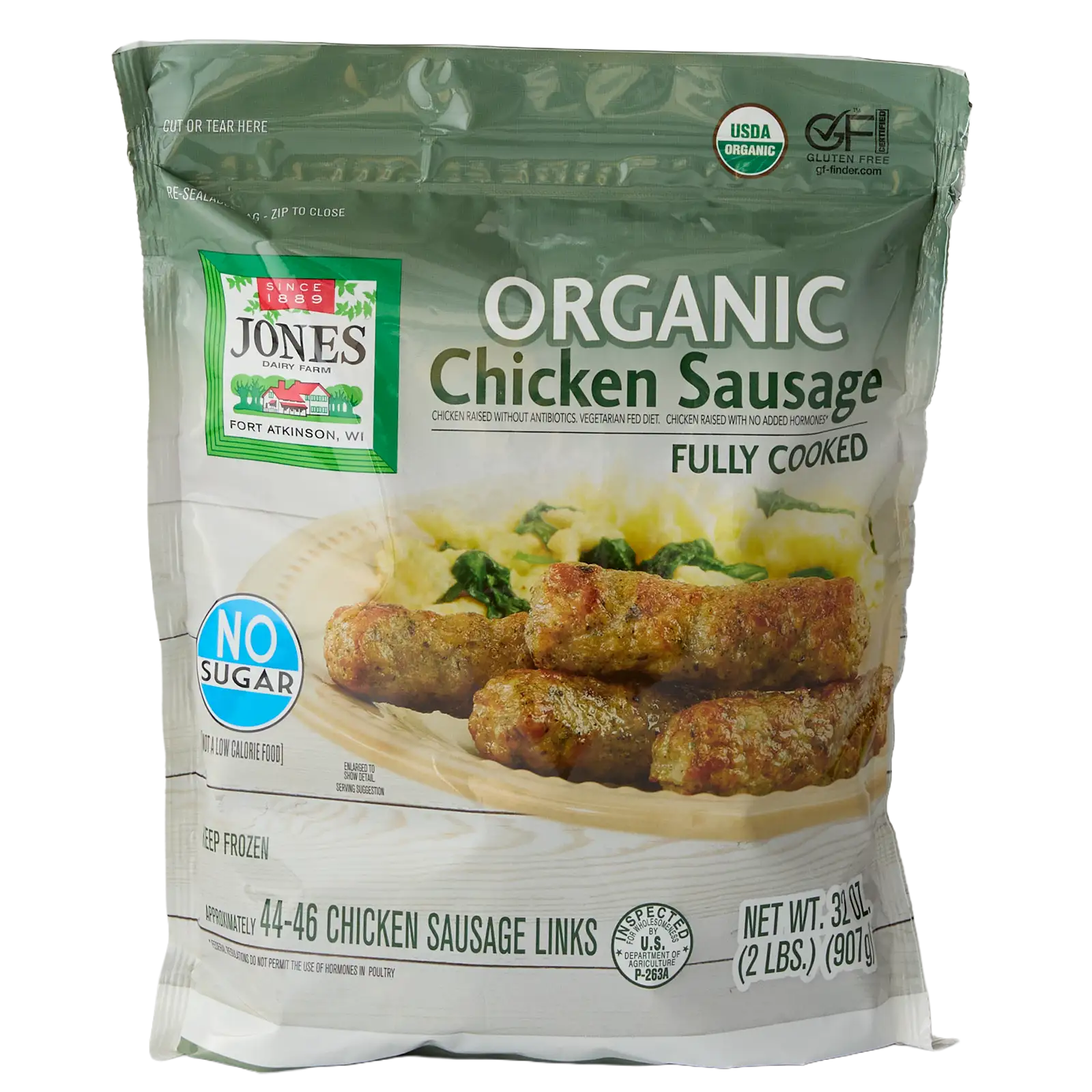 alt text, include that it's a costco bag4:57 PMClaude responded: Jones Dairy Farm Organic Chicken Sausage Links, 32 oz.Jones Dairy Farm Organic Chicken Sausage Links, 32 oz. Costco resealable bag (2 lbs., approximately 44-46 links), fully cooked, USDA Organic, no sugar, no antibiotics, vegetarian fed, Certified Gluten-Free