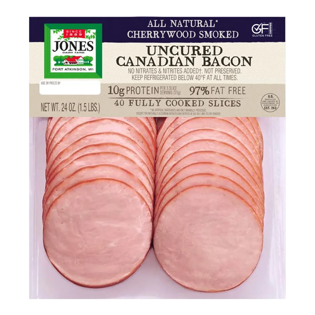 Jones Dairy Farm All Natural Cherrywood Smoked Uncured Canadian Bacon, 24 oz. Costco package (1.5 lbs., 40 fully cooked slices), 97% fat free, 10g protein per serving, no nitrates or nitrites added, Certified Gluten-Free