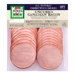 Jones Dairy Farm All Natural Cherrywood Smoked Uncured Canadian Bacon, 24 oz. Costco package (1.5 lbs., 40 fully cooked slices), 97% fat free, 10g protein per serving, no nitrates or nitrites added, Certified Gluten-Free