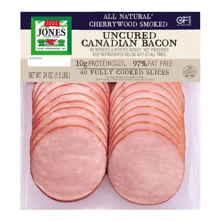 Jones Dairy Farm All Natural Cherrywood Smoked Uncured Canadian Bacon, 24 oz. Costco package (1.5 lbs., 40 fully cooked slices), 97% fat free, 10g protein per serving, no nitrates or nitrites added, Certified Gluten-Free